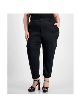 Bar III Women's Size 2X Plus Size Black Satin Tapered Cargo Pants NWT